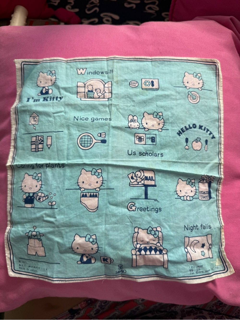 Vintage Hello Kitty Aqua Cotton Handkerchief - Sanrio Ma